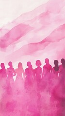 A silhouette of women in varying poses against a soft pink watercolor background, symbolizing unity and feminine strength.