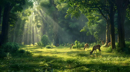 Sunbeams Through the Forest Deer Grazing in a Serene Meadow