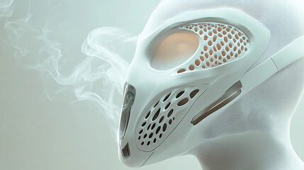 A 3D futuristic mask concept equipped with nano-filtration technology, capturing and purifying smoke as it is exhaled and emitting clean air into the environment 