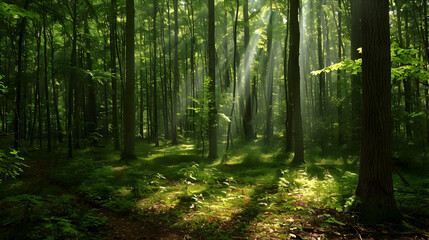 Fototapeta premium Sunbeams Through a Lush Forest