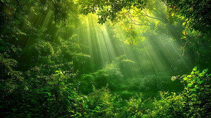 Obraz premium Sunbeams Through Lush Forest Canopy Nature Photography