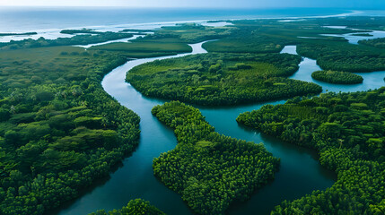 Fototapeta premium Aerial View of a Lush Mangrove Forest and River Delta