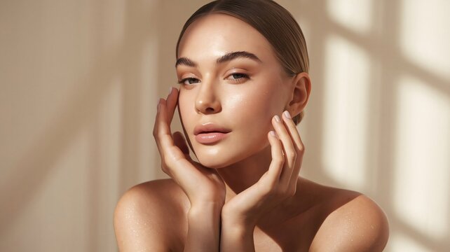 A stunning woman with flawless skin, her facial features glowing softly in natural light, embodying timeless beauty