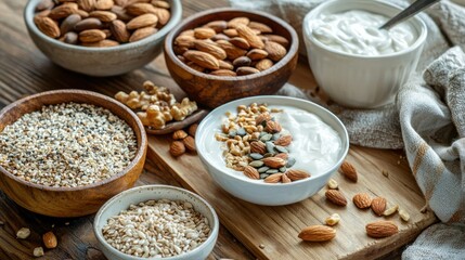 Healthy breakfast setup with yogurt, nuts, and seeds, showcasing a wholesome and energizing start.