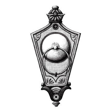 Dibujo de una aldaba o picaporte de una puerta con la pieza articulada sostenida por el pez&oacute;n de un seno. Ilustraci&oacute;n surrealista