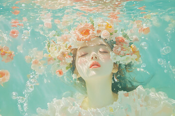 Woman with Flower Crown Underwater  Dreamy Blue Water  Air Bubbles  Pink Flowers