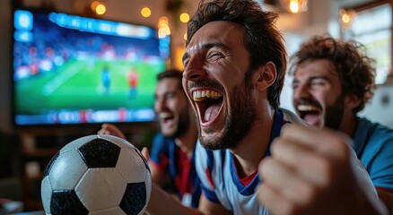 Three joyful men celebrating a football match at home, one holding a soccer ball, expressing excitement and happiness with a blurred TV screen in the background.