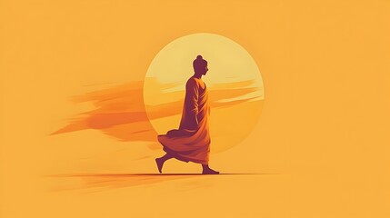 of a graceful silhouette of a walking Buddha figure at a tranquil sunset scene  The image depicts the spiritual and disciplined practice of Buddhist meditation and contemplation in a minimalist