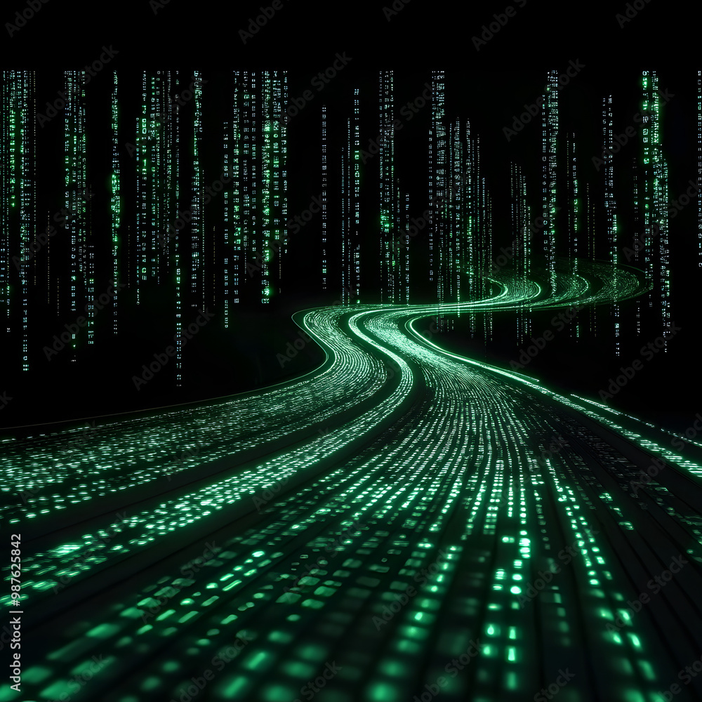 Poster digital road illuminated by green matrix of binary code. digital winding road isolated on black back