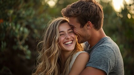Fototapeta premium Hugging and laughing together, a young couple enjoys a joyful and loving interaction.