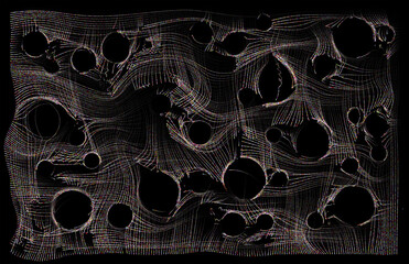 Woven complexity, broken hemp fiber sheet with intricate weave on black background,  irregular multicolored dotted lines abstract vector illustration background.