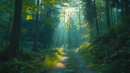Obraz premium Forest Path with Sunlight Rays Illustration