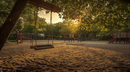 A lonely swing gently swaying on a deserted, with soft evening light filtering through the trees. The background includes other playground equipment like a slide and sandbox, all bathed in the warm