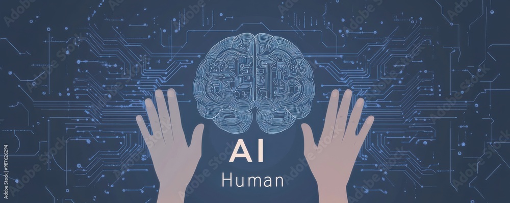 Poster futuristic concept of a digital brain with ai written on it held by hands showcasing artificial inte