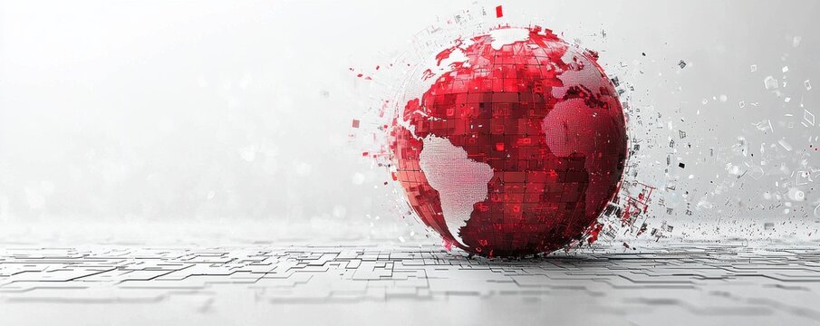  illustration of a red globe with a grayscale background, depicting contrasting themes of earth and color in a minimalistic design