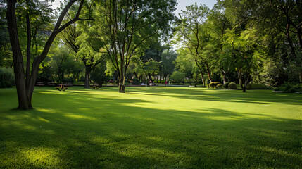 Obraz premium Serene Park Scene with Lush Green Grass and Tree Shadows