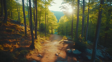 Fototapeta premium Sunlight Streaming Through Trees on a Forest Path - Illustration