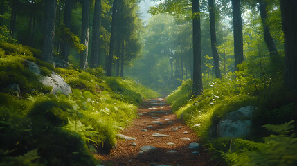 Obraz premium Forest Path With Sun Rays Illustration