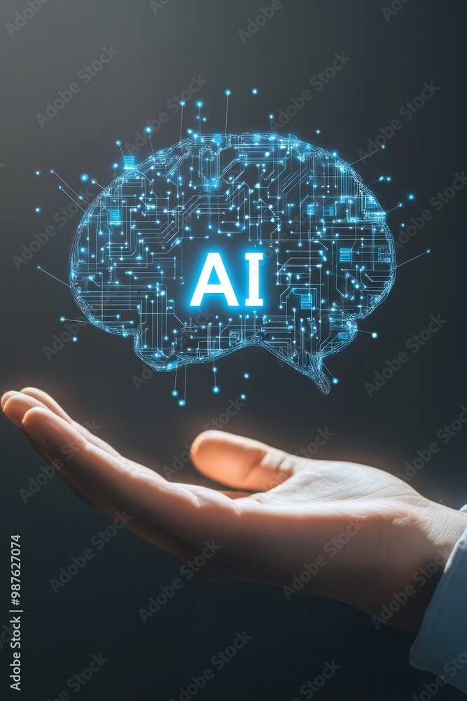Aufkleber digital brain with ai letters displayed above an open hand, symbolizing artificial intelligence tech
