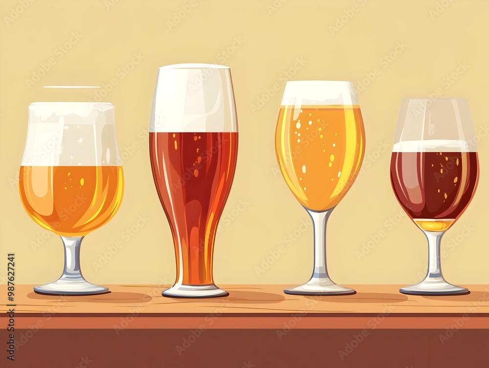Poster of different types and sizes of beer glasses including pint pilsner snifter and stein placed on a ru