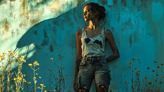 Young Woman Standing Against Blue Wall With Wildflowers at Sunset Generative AI
