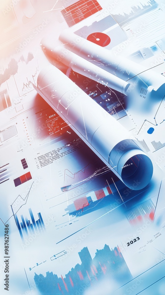 Poster digital collage featuring financial charts and graphs representing economic trends and data analysis