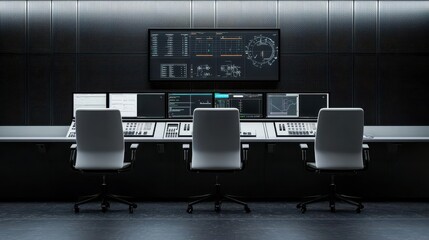 Minimalist interior of an industrial control room, organized and streamlined design