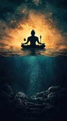 Matsya avatar swimming through an ancient cosmic flood, carrying the hope of humanity, Matsya avatar, divine salvation, cosmic water