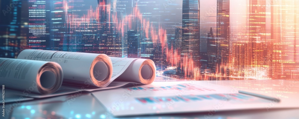 Poster digital collage of financial charts and graphs with documents in modern office setting