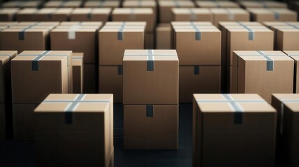 Fototapeta premium Artistic shot of a warehouse filled with neatly stacked packages ready for shipment, symbolizing organization and precision in logistics Warehouse organization, Package shipment