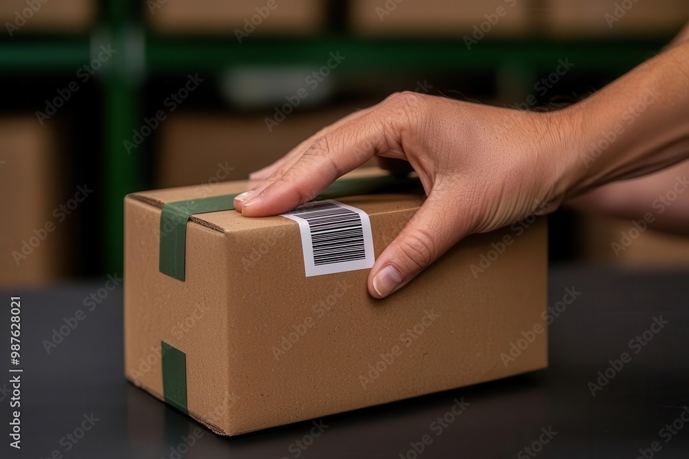 Poster close-up of hands scanning a barcode on a package, symbolizing inventory tracking and real-time logi