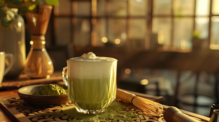 Fototapeta premium Matcha Latte with Whipped Cream and Matcha Powder