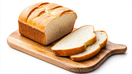 Freshly baked bread loaf with slices on wooden cutting board