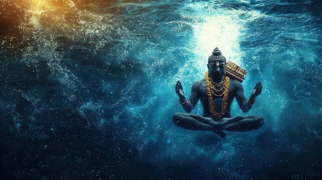 Matsya swimming in the cosmic ocean, carrying the sacred Vedas on his back, Matsya avatar, cosmic water, divine knowledge