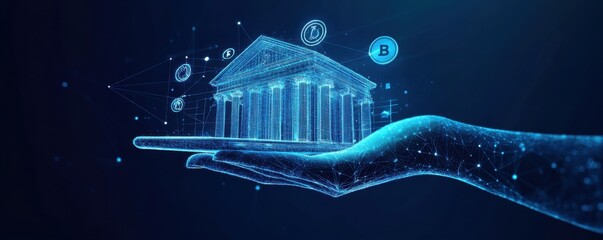 Digital representation of a hand holding a virtual bank building symbolizing online banking and financial technology advancements
