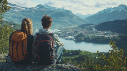 Fototapeta premium Reaching a viewpoint, a young couple takes a break to admire the landscape.