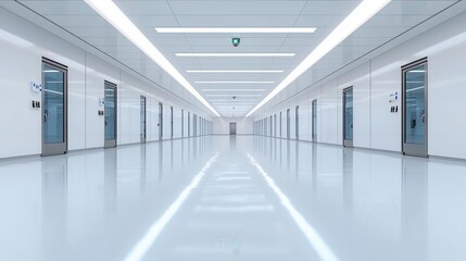Minimalist interior of a cleanroom facility, sleek surfaces, and organized space, industrial design