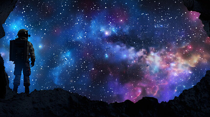 A 3D astronomer peering through a telescope-shaped hole in a starry wall on the top. with bottom blank copy space. 