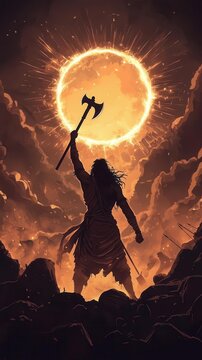 Parashurama standing amidst a battlefield, his divine axe glowing with celestial energy, Parashurama, divine wrath, warrior scene