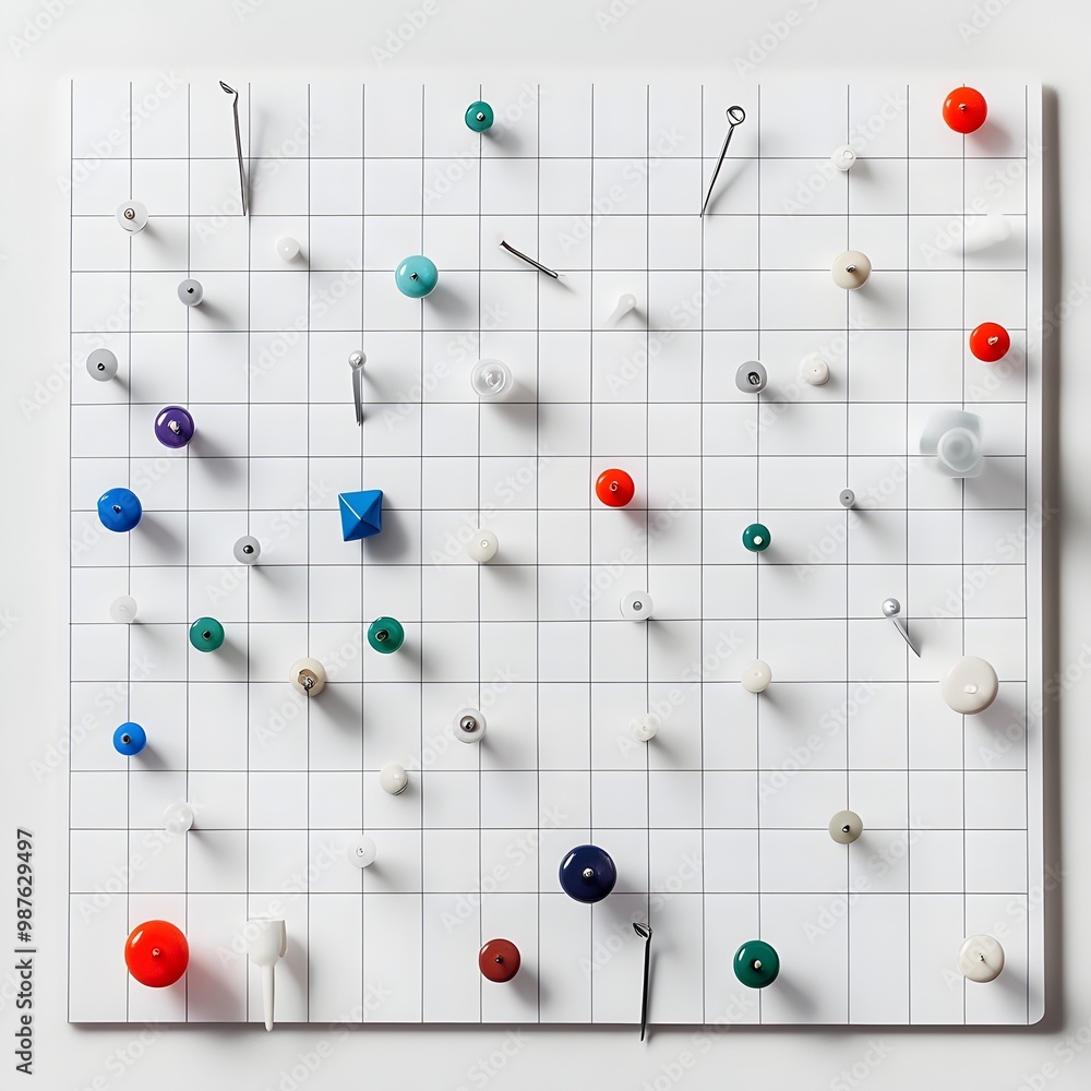 Poster organized pushpin board with geometric grid pattern in minimalist scandinavian style