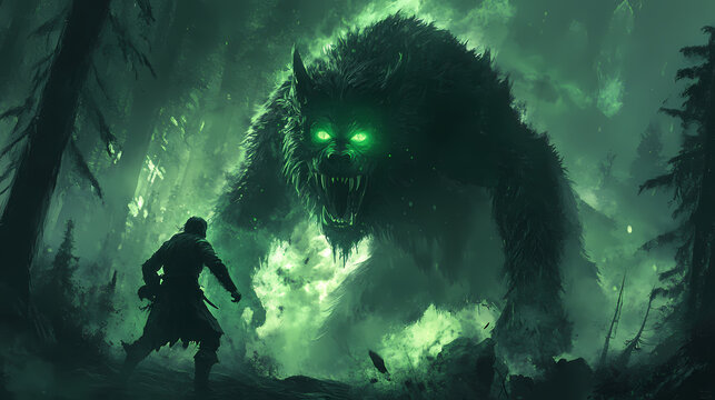 Man confronts a nightmare being in a dark forest, green illuminated faces on a furry beast, slavic folklore, high detail, fantasy illustration, no ai artifacts. Celtic Mythology. Illustration