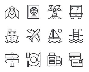 Travel line icons. Set of outline symbols, simple graphic elements, modern linear style black pictograms collection. Vector line icons set