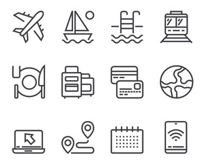 Travel line icons. Set of outline symbols, simple graphic elements, modern linear style black pictograms collection. Vector line icons set