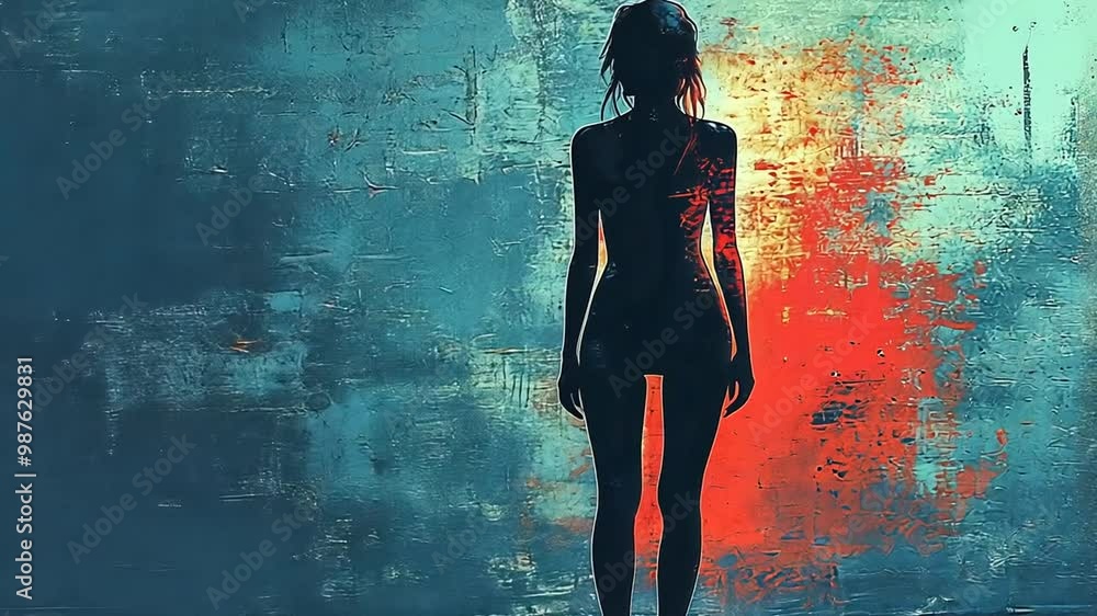 Poster silhouette stands against a colorful abstract background at dusk generative ai