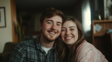 In their home, a young couple smiles for a cozy and intimate portrait.