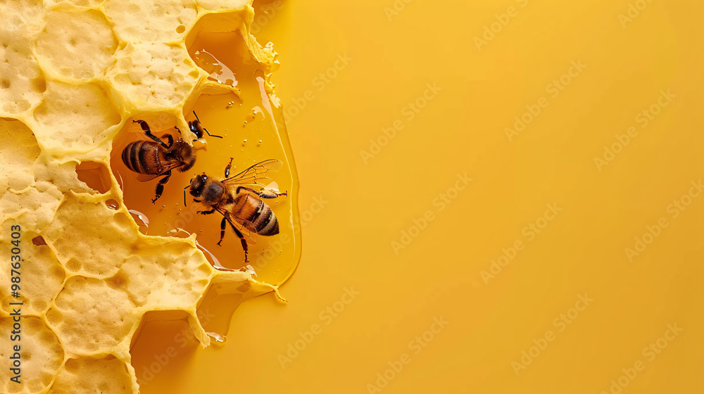 Poster a 3d beekeeper harvesting honey through a hexagonal honeycomb-shaped hole on the left. with right bl