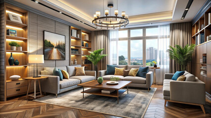 Fototapeta premium modern living room featuring stylish furniture, warm lighting, and decorative plants. space is designed for comfort and elegance, showcasing harmonious blend of colors and textures
