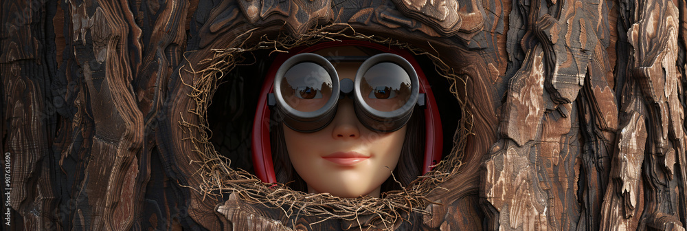 Aufkleber a 3d birdwatcher with binoculars peeking through a nest-shaped hole on the top left. with bottom rig