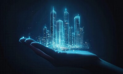 Futuristic digital cityscape illuminated in a glowing hand, representing virtual architecture and innovative urban development