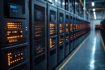 Server Room with Rows of  Black Servers
